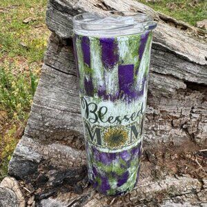 Blessed Mom Tumbler 20oz Purple, Green and White Distressed Hogg Tumbler